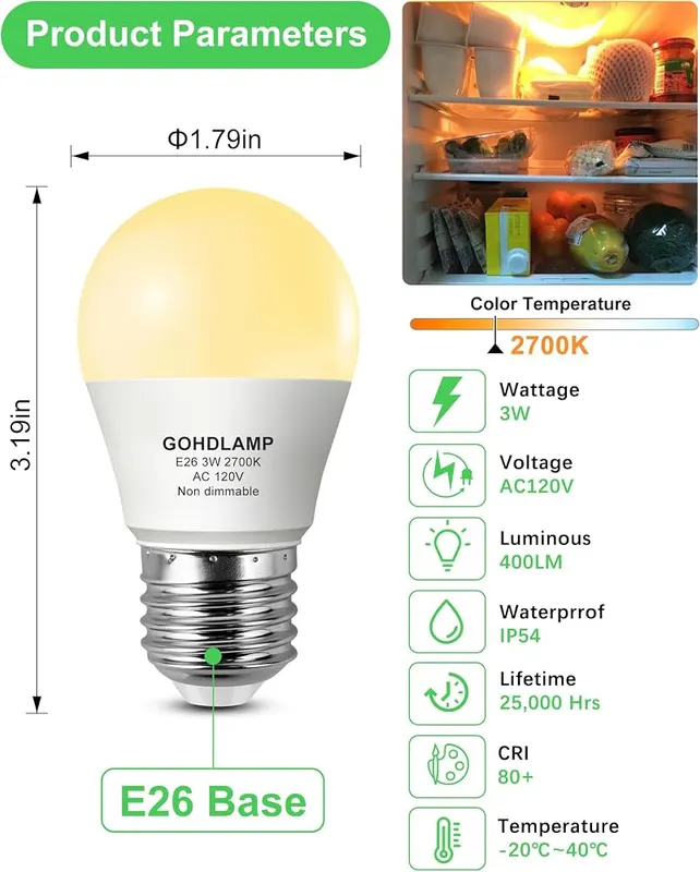 GOHDLAMP E26 A15 LED Refrigerator Light Bulb – Warm & Inviting Glow
