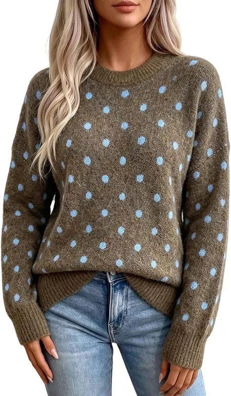 GOSEAGOTOFUN Womens Fall Sweaters Crew Neck Polka – Coffee color variant