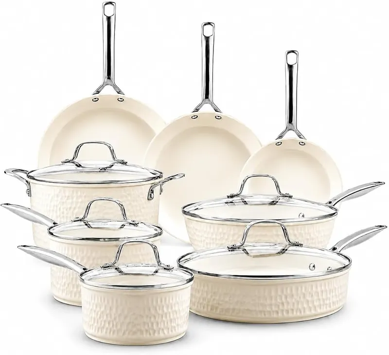 GOTHAM STEEL HAMMERED 13 Pc Titanium Ceramic Cookware in Hammered Cream