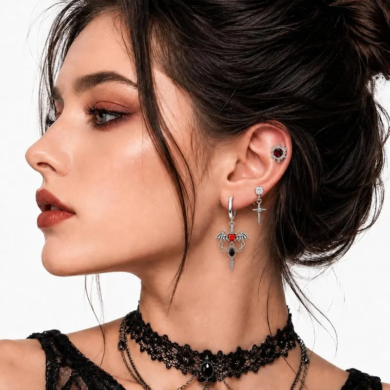 Gothic Cross Earrings Set – Detailed devil wings and bats