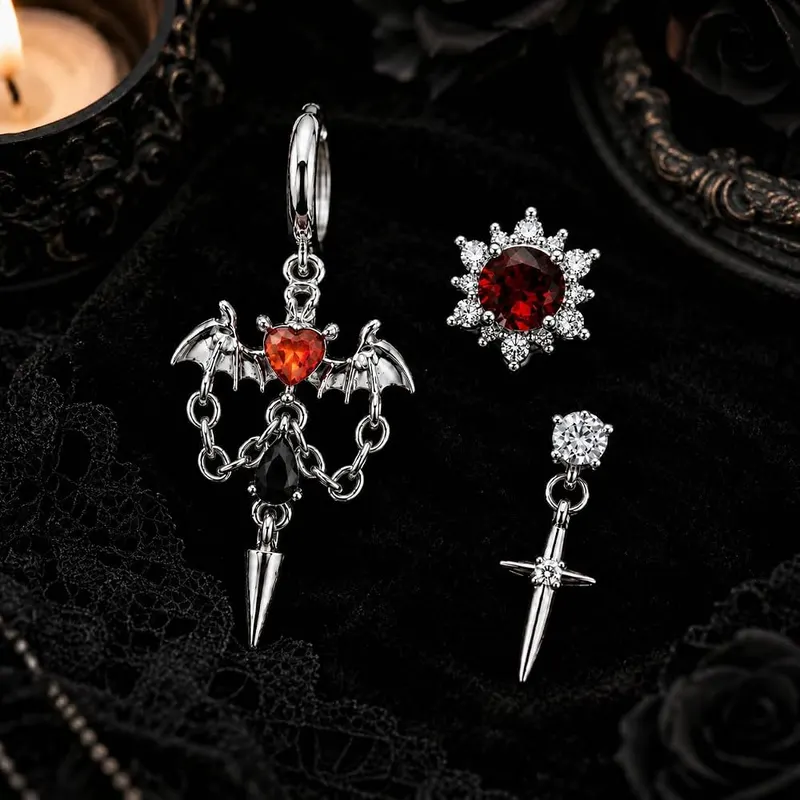 Gothic Cross Earrings Set – Sparkling red and clear zircon