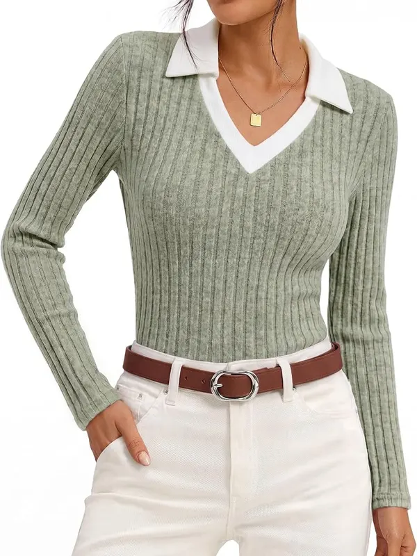 GRACE KARIN 2026 Women’s Long Sleeve Polo Shirts Gray Green X-Large in Gray Green