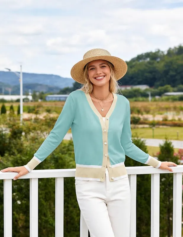 GRACE KARIN Cropped Cardigan Sweaters – Color block striped knit