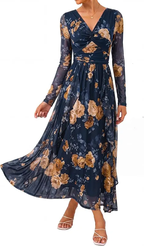 GRACE KARIN Fall Wedding Guest Long Sleeve Formal in Navy Blue Yellow Floral