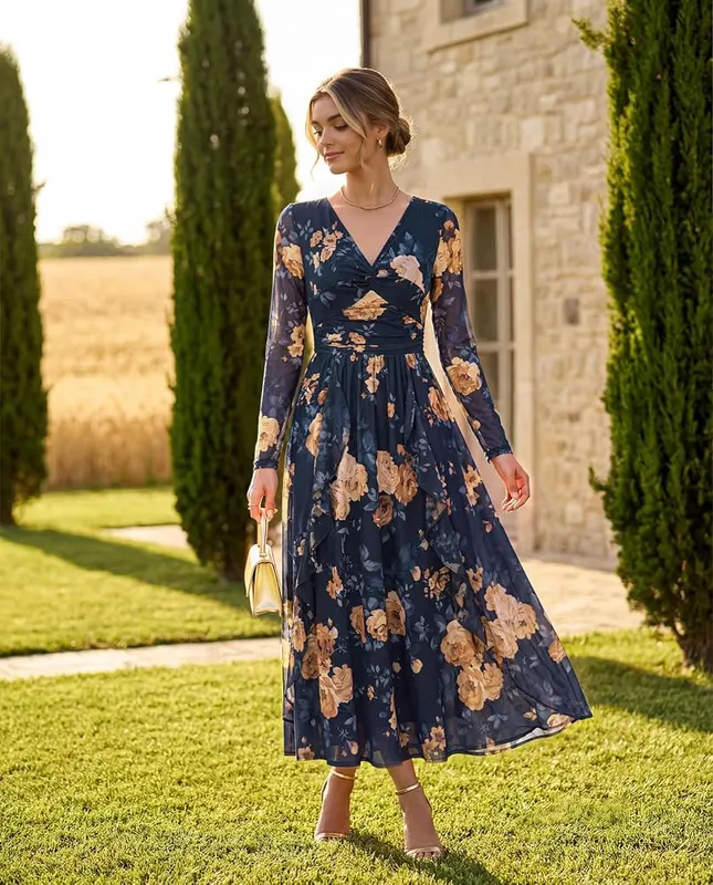 GRACE KARIN Fall Wedding Guest Long Sleeve Formal – Long sleeve floral maxi dress
