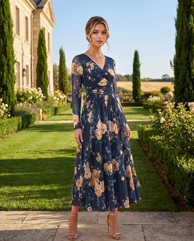 GRACE KARIN Fall Wedding Guest Long Sleeve Formal – Flared A-line skirt with ruffles