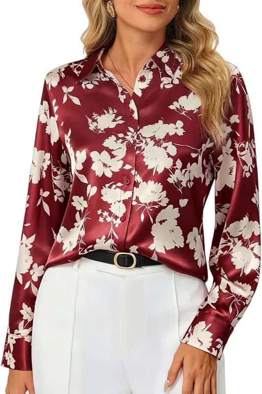 GRACE KARIN Women Long Sleeve Silk Button Down 2XL