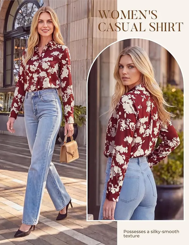 GRACE KARIN Women Long Sleeve Silk Button Down 2XL – Available in multiple colors and prints