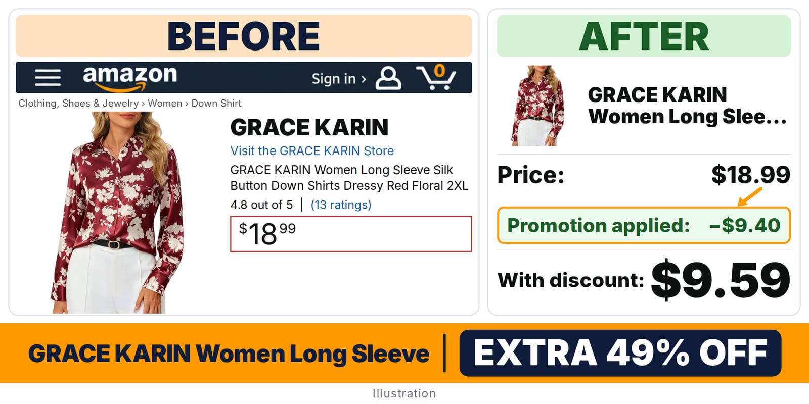 GRACE KARIN Women Long Sleeve Silk Button Down 2XL deal: before and after – promo code JEPUWLWJ, 49% off on Amazon