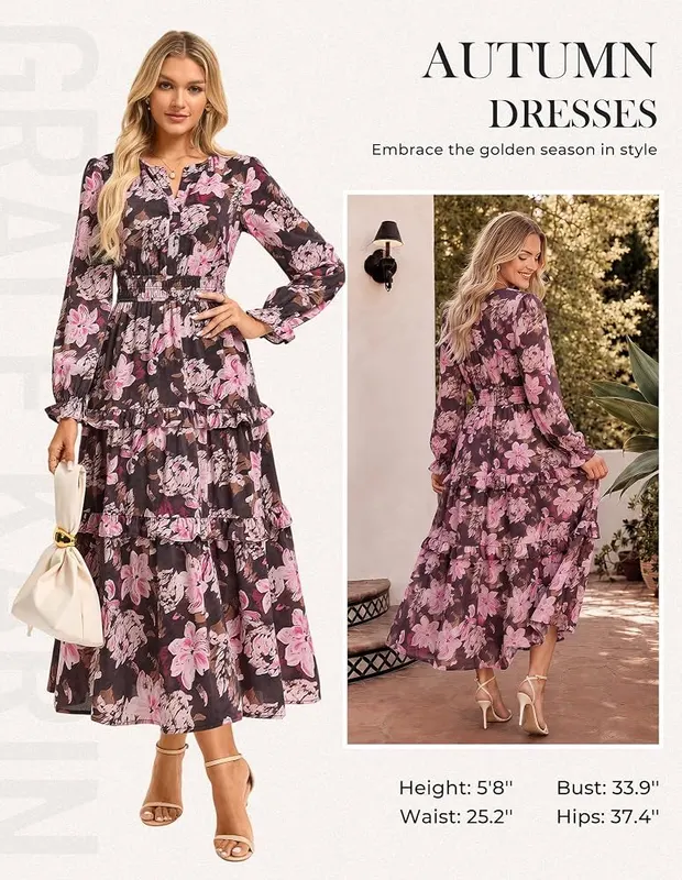 GRACE KARIN Women’s 2026 Fall Maxi Chiffon Floral – Functional hidden side pockets