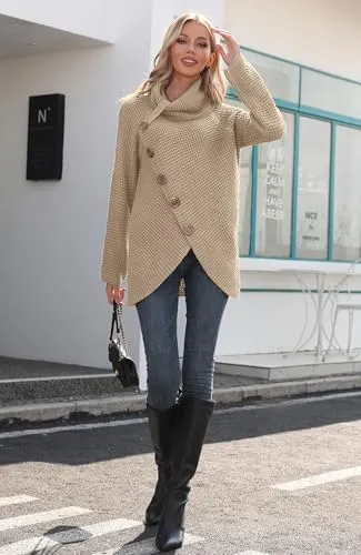 GRECERELLE Chunky Knit Cowl Neck Sweaters – Cross wrap high neck design