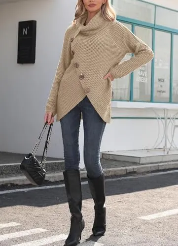 GRECERELLE Chunky Knit Cowl Neck Sweaters – Asymmetrical hem with buttons