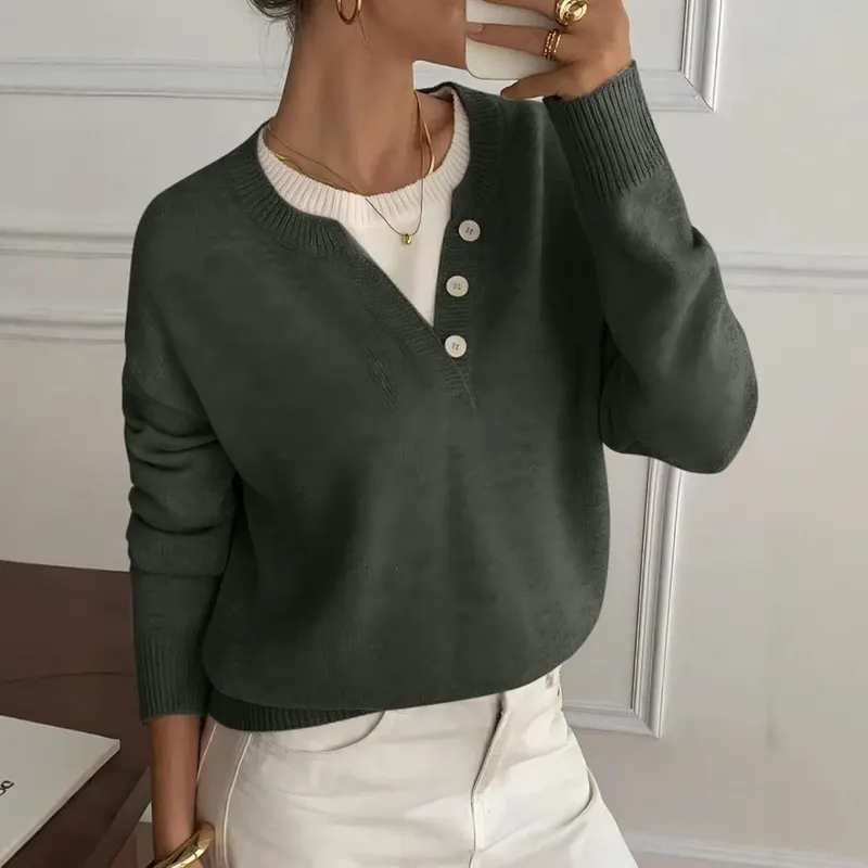 Gumipy Fall Sweaters G004- Dark Green – Faux layered style detail