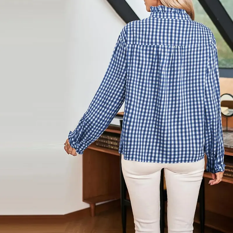 Gumipy Gingham Tops I003- Blue – Charming ruffle V neck design