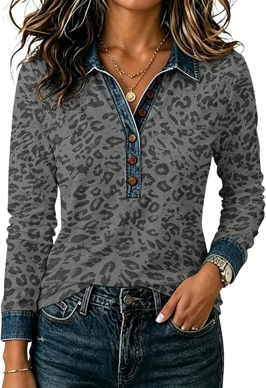 Gumipy Leopard Print Tops C005- Dark Gray in C005- Dark Gray