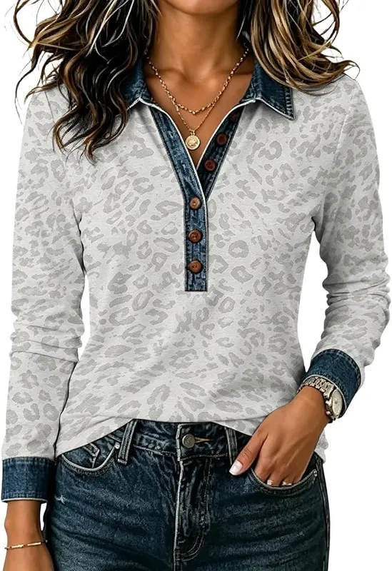 Gumipy Leopard Print Tops C009- Light Gray in C009- Light Gray