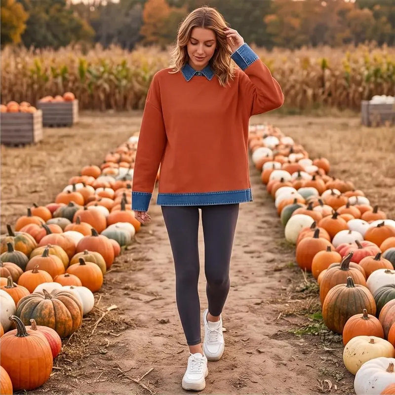 Gumipy Oversized Sweatshirt A007- Ginger – Contrast denim trim collar