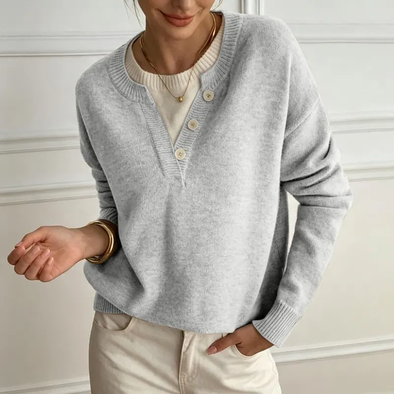 Gumipy Womens Fall Sweaters 2 in 1 G007- Light Gray – Clever two in one faux layered design
