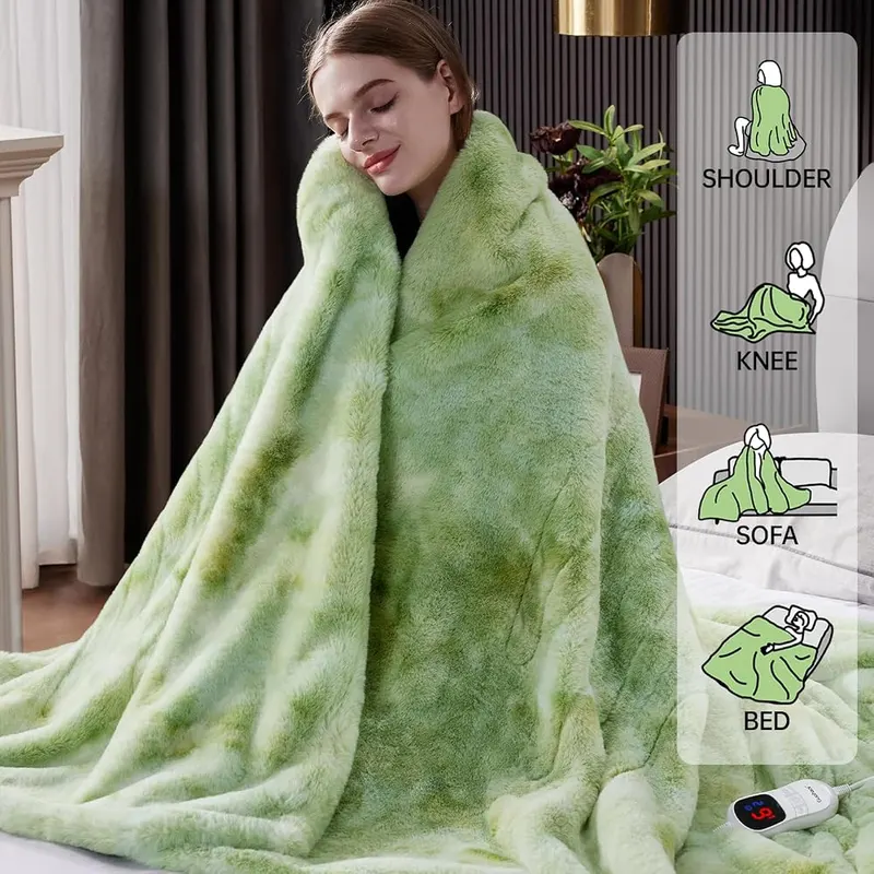 Guohaoi Heated Blanket Light Green 84”*90” – Faux rabbit fur electric throw