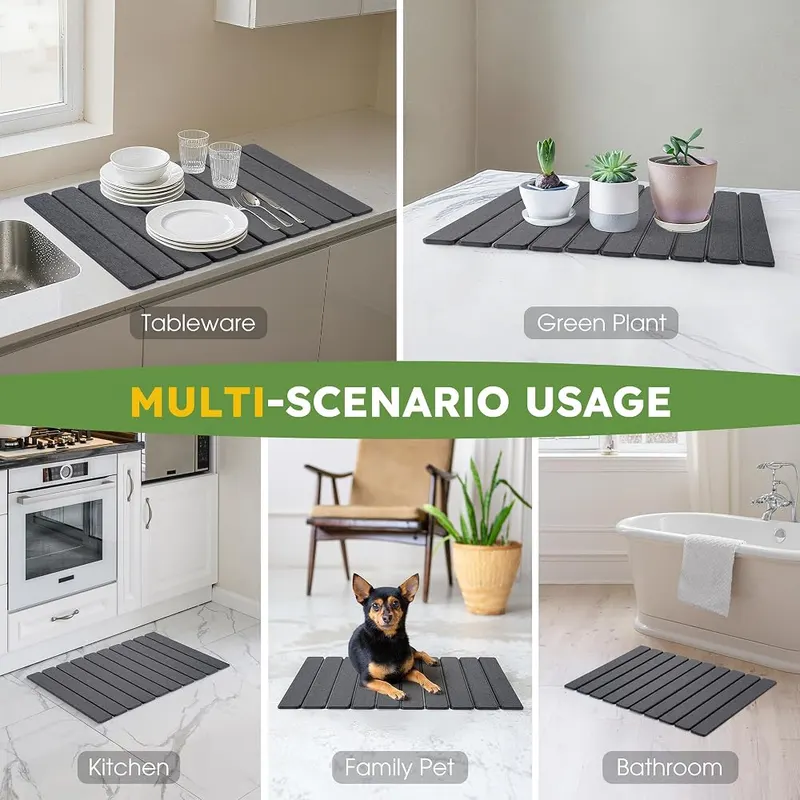 HABUTWAY Large Stone Dish Drying Mat Dark Gray – High density natural diatomaceous earth material