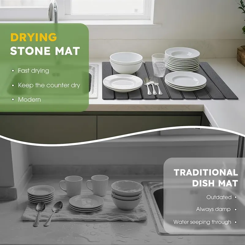 HABUTWAY Large Stone Dish Drying Mat Dark Gray – Folds compactly for easy cabinet storage