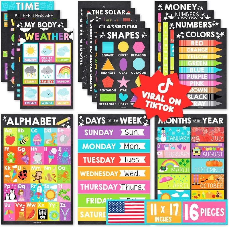 Hadley Designs Learning Posters 16-Pc Chalk Colorful in Chalk Colorful