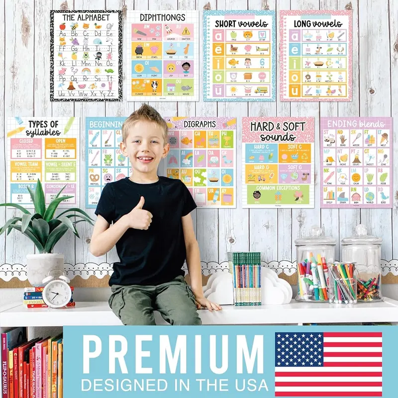 Hadley Designs Phonics Posters Composition Pastel – Nine-poster phonics set