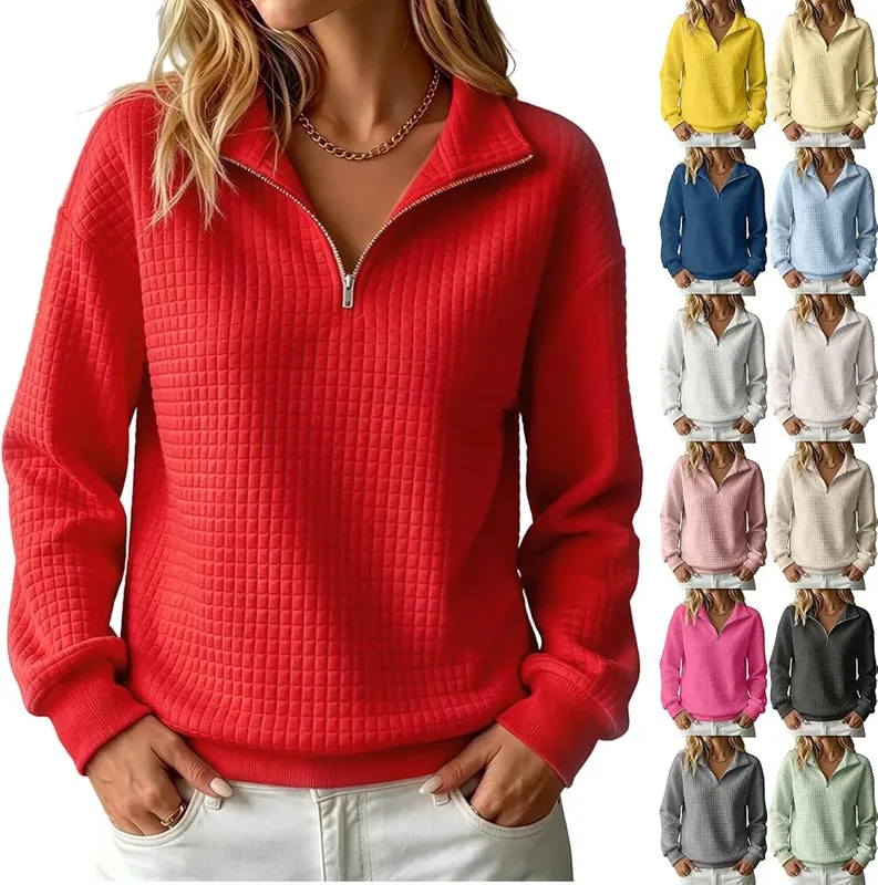 Half Zip Pullover Women Cozy Waffle Knit