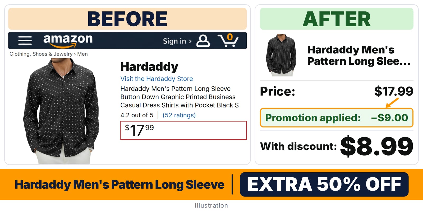 Hardaddy Men's Pattern Long Sleeve Button Down deal: before and after – promo code 6AGYJ2AZ, 50% off on Amazon