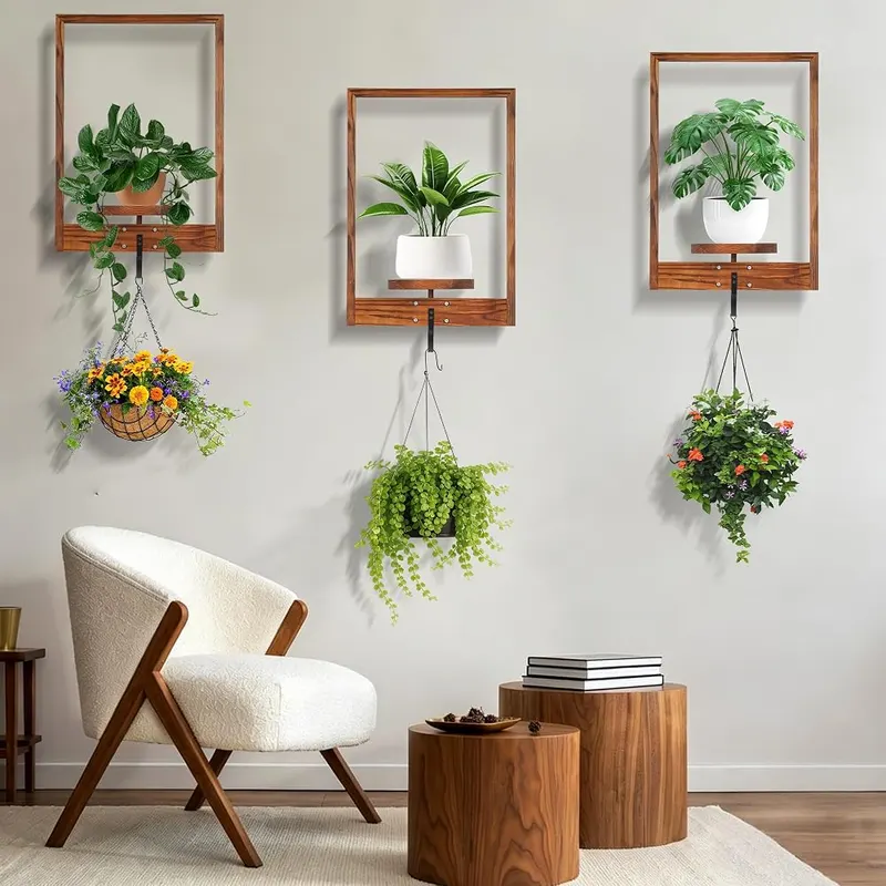 HarmonyHome 3 Pack Solid Wood Hanging Planters – Original wood color finish