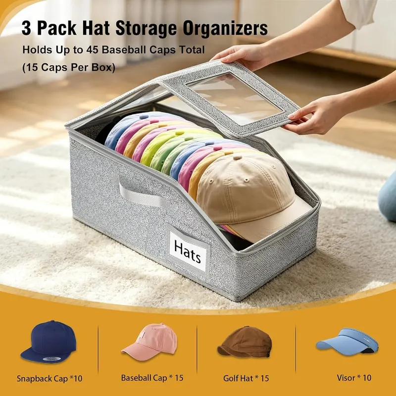KIPHCA Hat Storage for Baseball Caps Grey Large-3Pack – Clear window for visibility