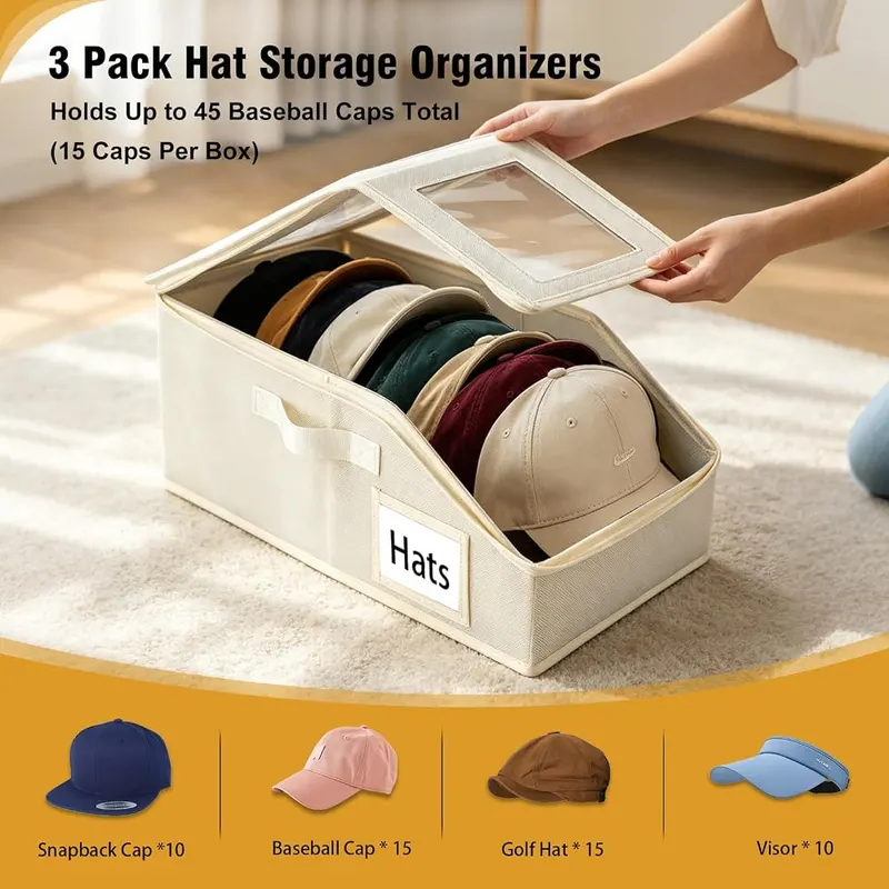 KIPHCA Hat Storage for Baseball Caps Beige – Clear window for easy viewing