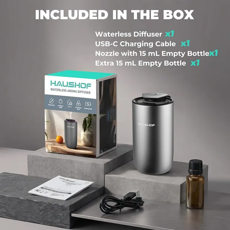 HAUSHOF Waterless Essential Oil Diffuser – USB-C charging in about 3.5 hours