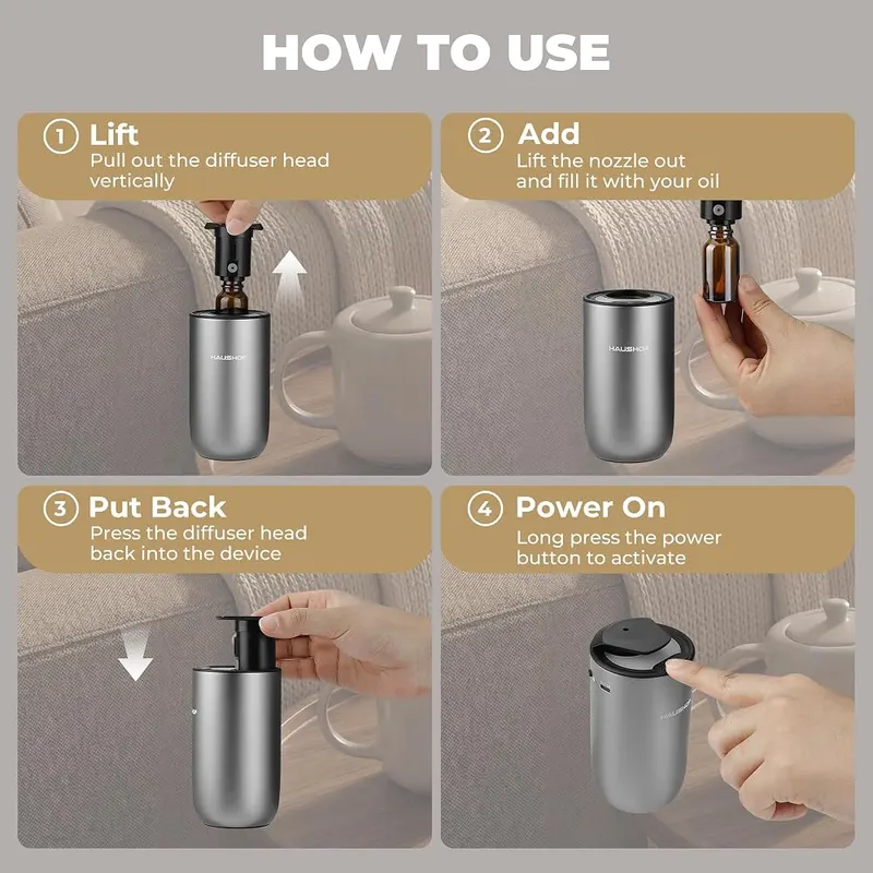 HAUSHOF Waterless Essential Oil Diffuser – Includes empty 15 mL refill bottle