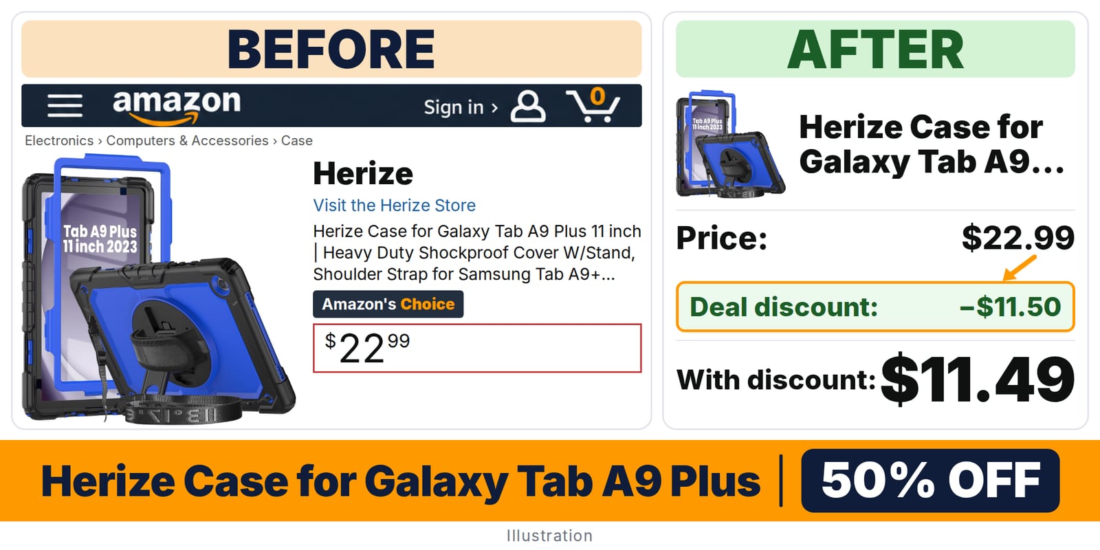 Herize Case for Galaxy Tab A9 Plus deal: before and after – 50% off on Amazon