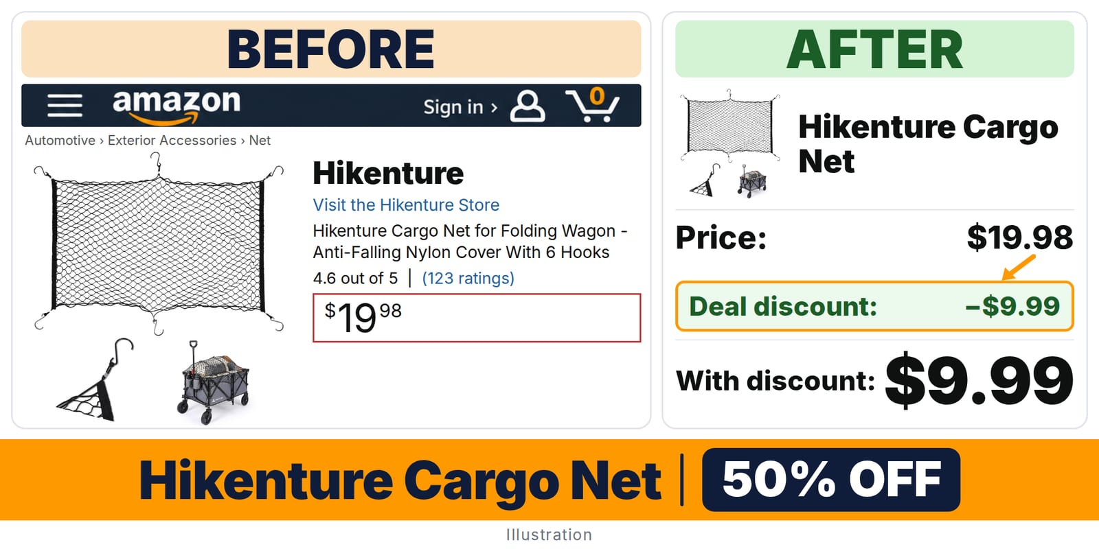 Hikenture Cargo Net deal: before and after – 50% off on Amazon