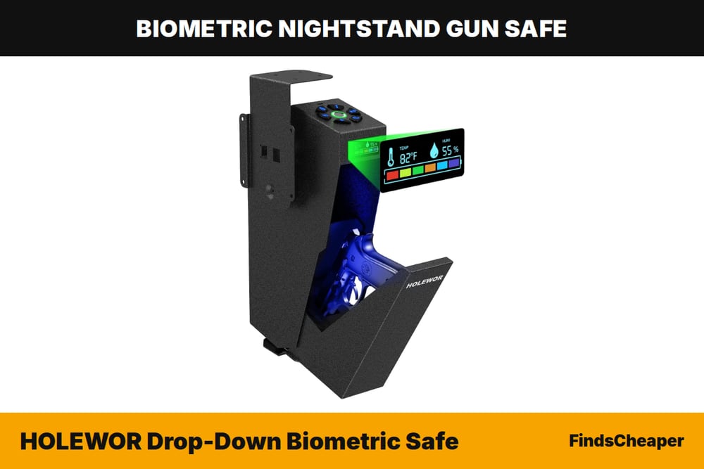 HOLEWOR Drop-Down Biometric Safe biometric nightstand gun safe