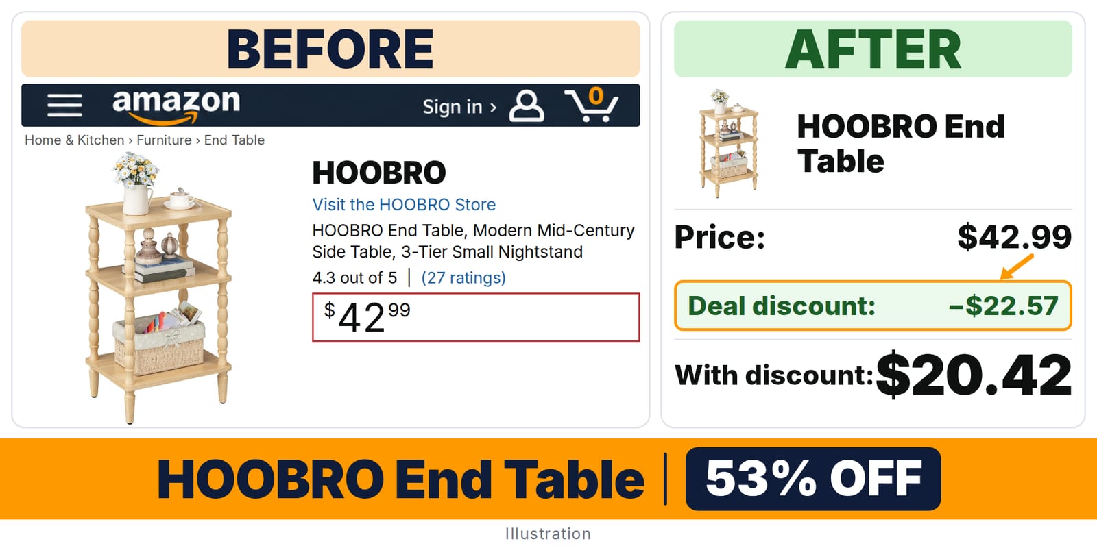 HOOBRO End Table deal: before and after – 50% off on Amazon