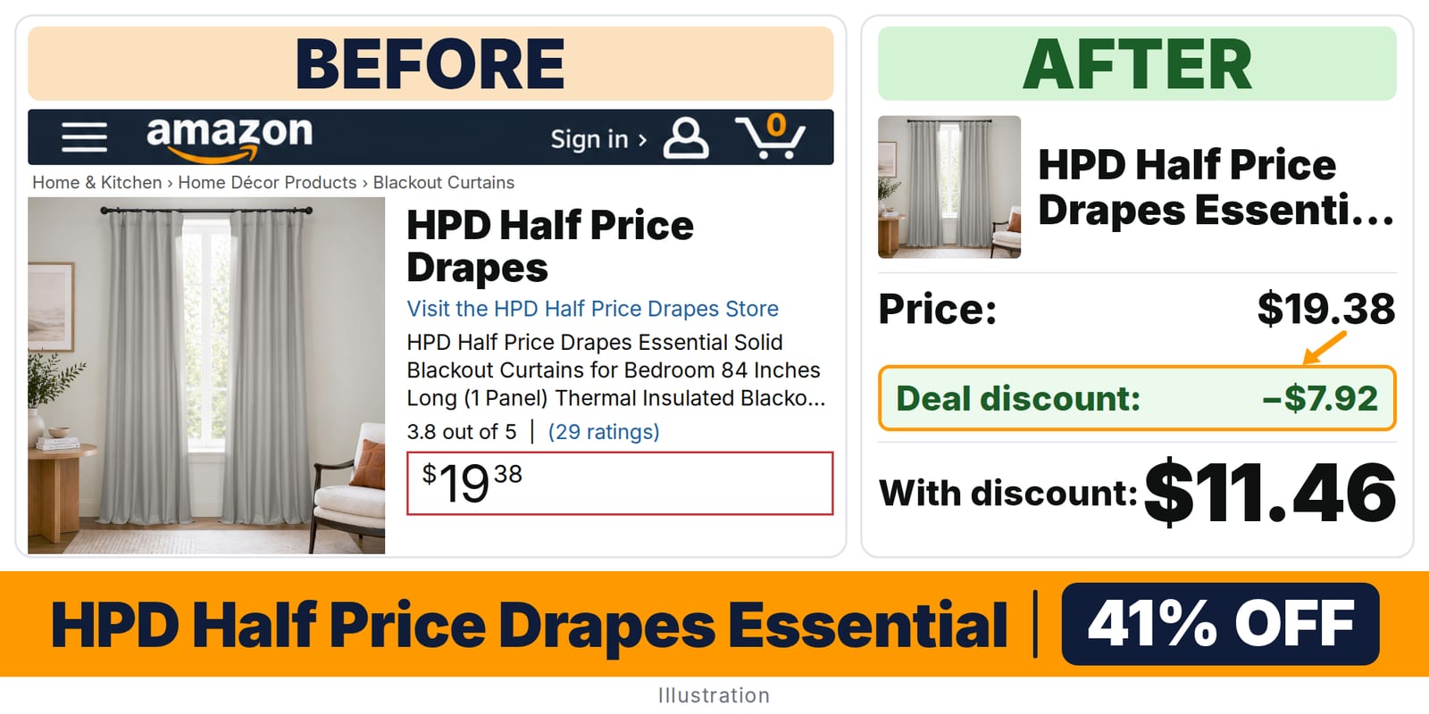 HPD Half Price Drapes Essential Solid Blackout Curtains deal: before and after – 41% off on Amazon