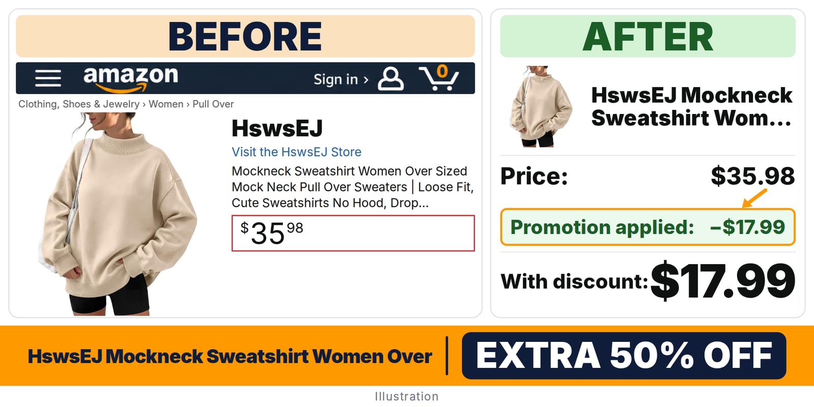 HswsEJ Mockneck Sweatshirt Women Over Sized Mock deal: before and after – promo code YOSVQ3GL, 50% off on Amazon