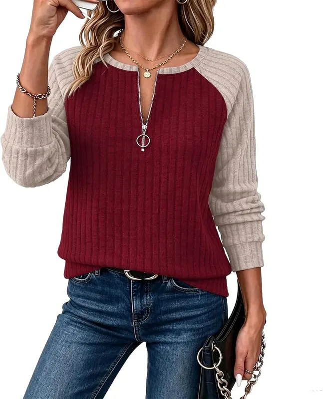 HswsEJ Womens 3/4 Zip Pullover Color Block A008-#red – Features