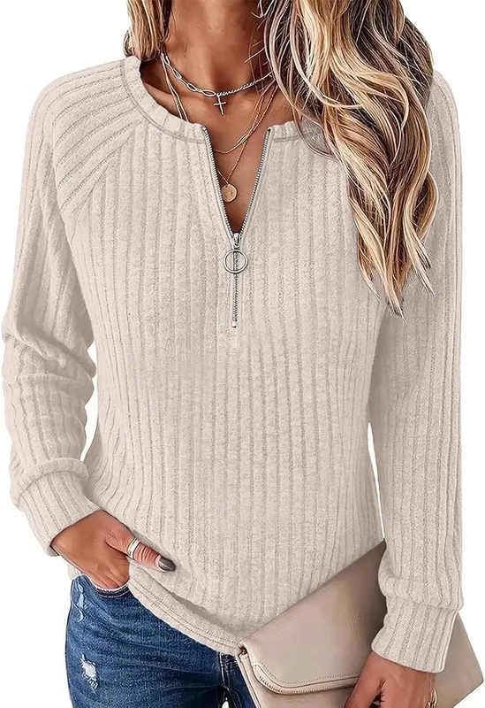 HswsEJ Womens Half Zip Pullover Color Block B006-#khaki in B006-#khaki