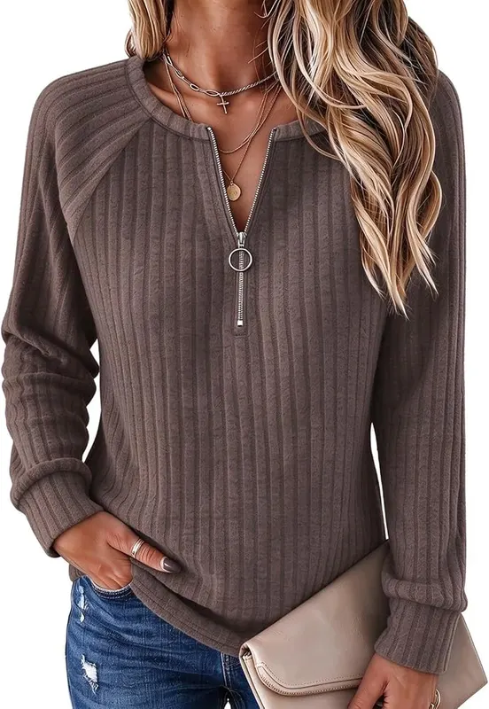 HswsEJ Womens Quarter Zip Pullover Patchwork Dressy B003-#brown in B003-#brown