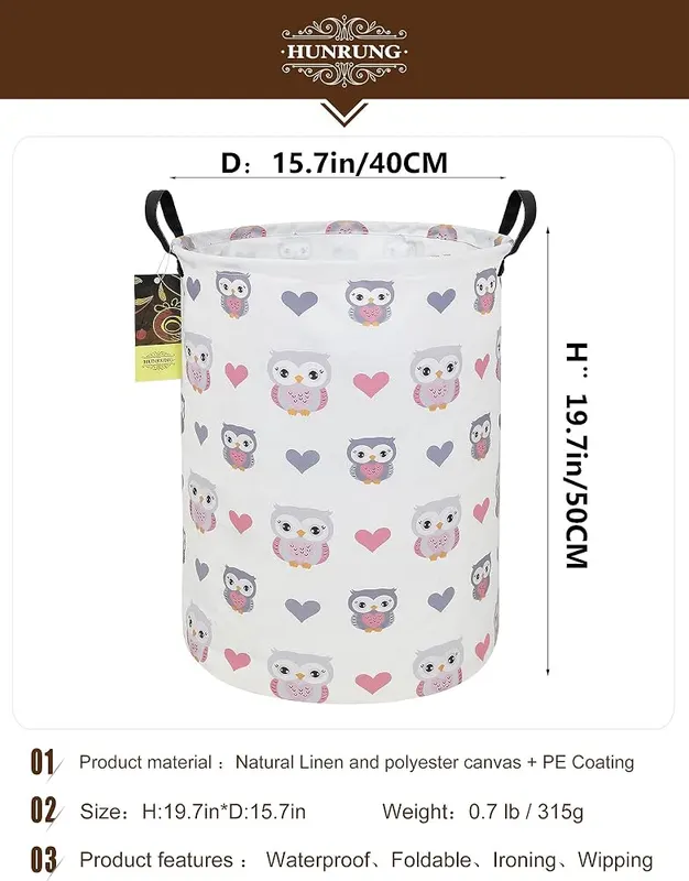 HUNRUNG Round Fabric Collapsible Storage Basket Round-Love Owl – Spacious Round Capacity
