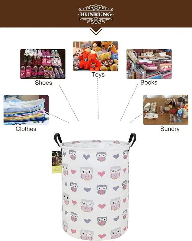 HUNRUNG Round Fabric Collapsible Storage Basket Round-Love Owl – Waterproof Fabric:canvas with a waterproof inner lining