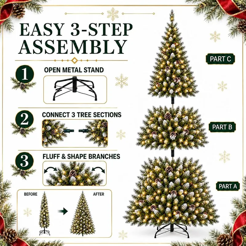 IDEALHOUSE Prelit Christmas Tree 6ft – Snow-tipped branches with pinecones