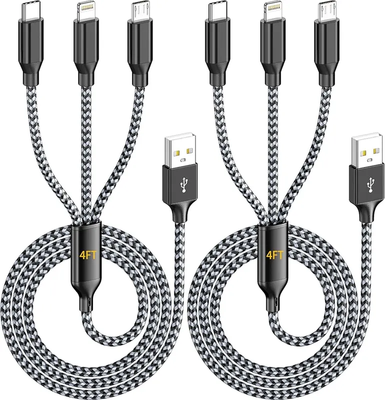 IDISON Multi Charging Cable 4FT 2Pack 3 in Silver/White-4ft-2Pack