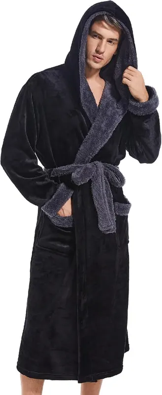 Inner Wish Mens Hooded Robe in Black+dark Grey