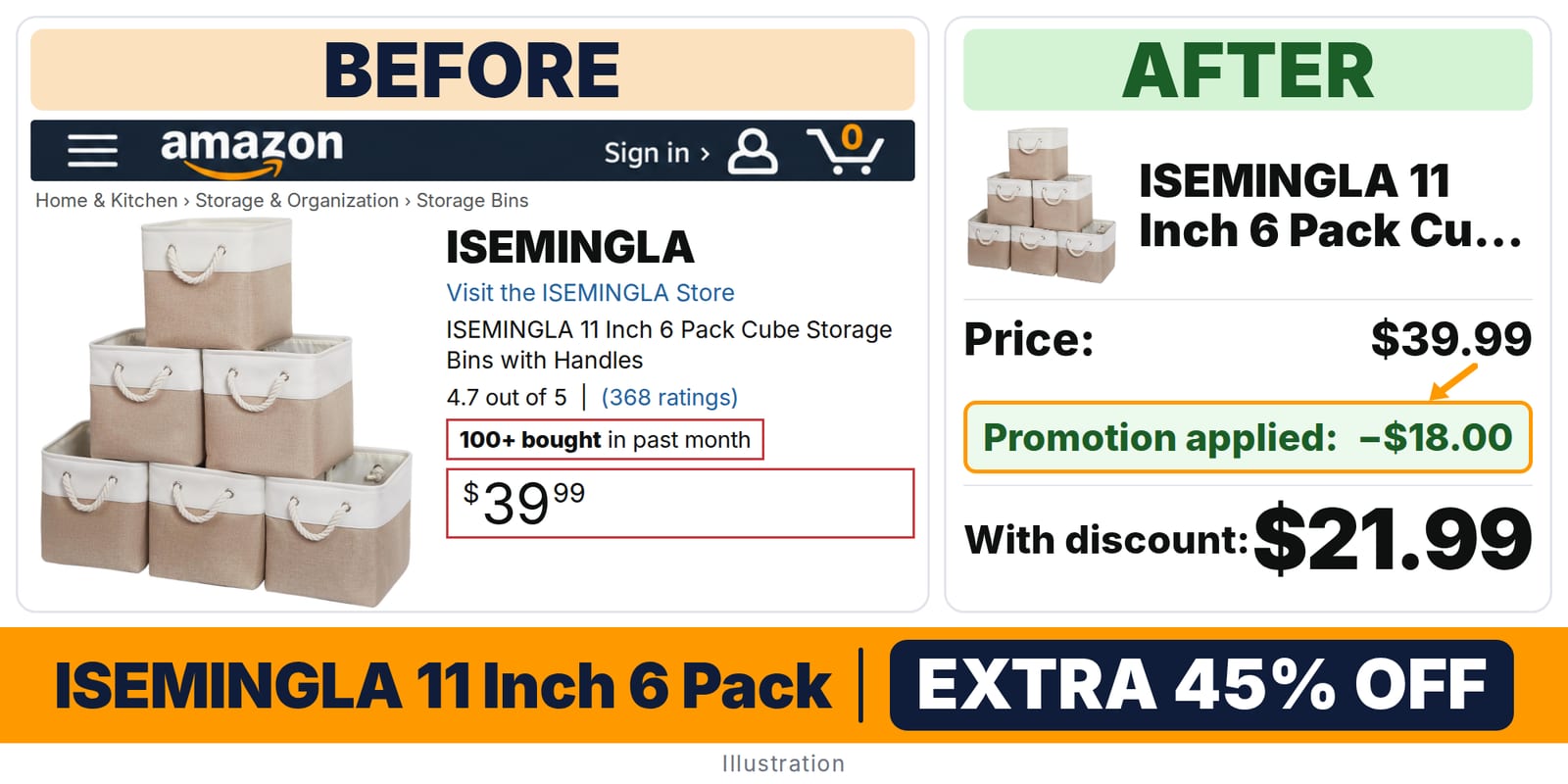 ISEMINGLA 11 Inch 6 Pack Cube Storage deal: before and after – promo code Z31YFWO4, 45% off on Amazon