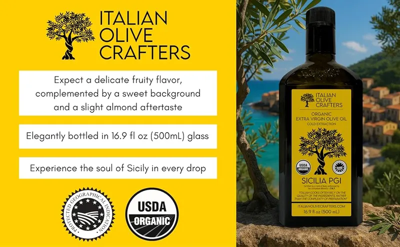 Italian Olive Crafters Organic Extra Virgin Olive Oil – Glass bottle, 16.9 fl oz